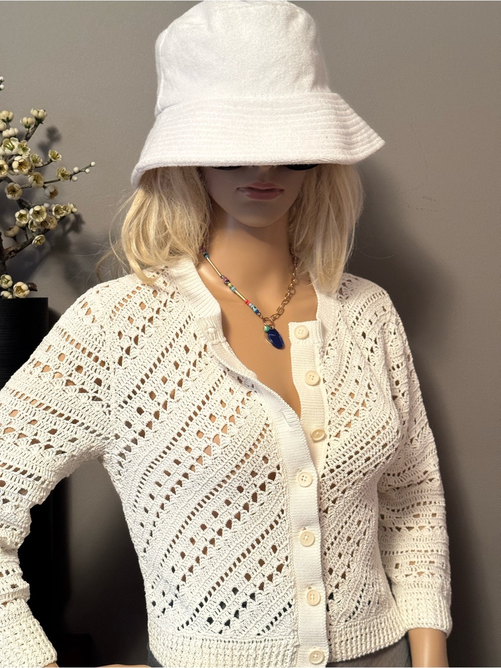 Theory Cream Open-Knit Button-Front Cardigan